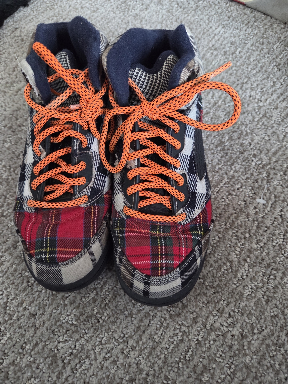 Jordan Kids Plaid High-Top Sneakers with Bright Orange Laces